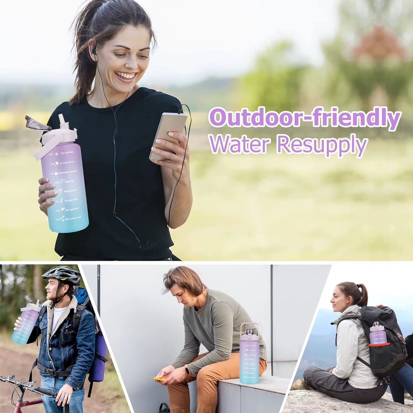 2L Water Bottle with Straw Large Capacity Sports Water Bottle Travel Fitness Sports Portable Drinking Bottles with Time Marker