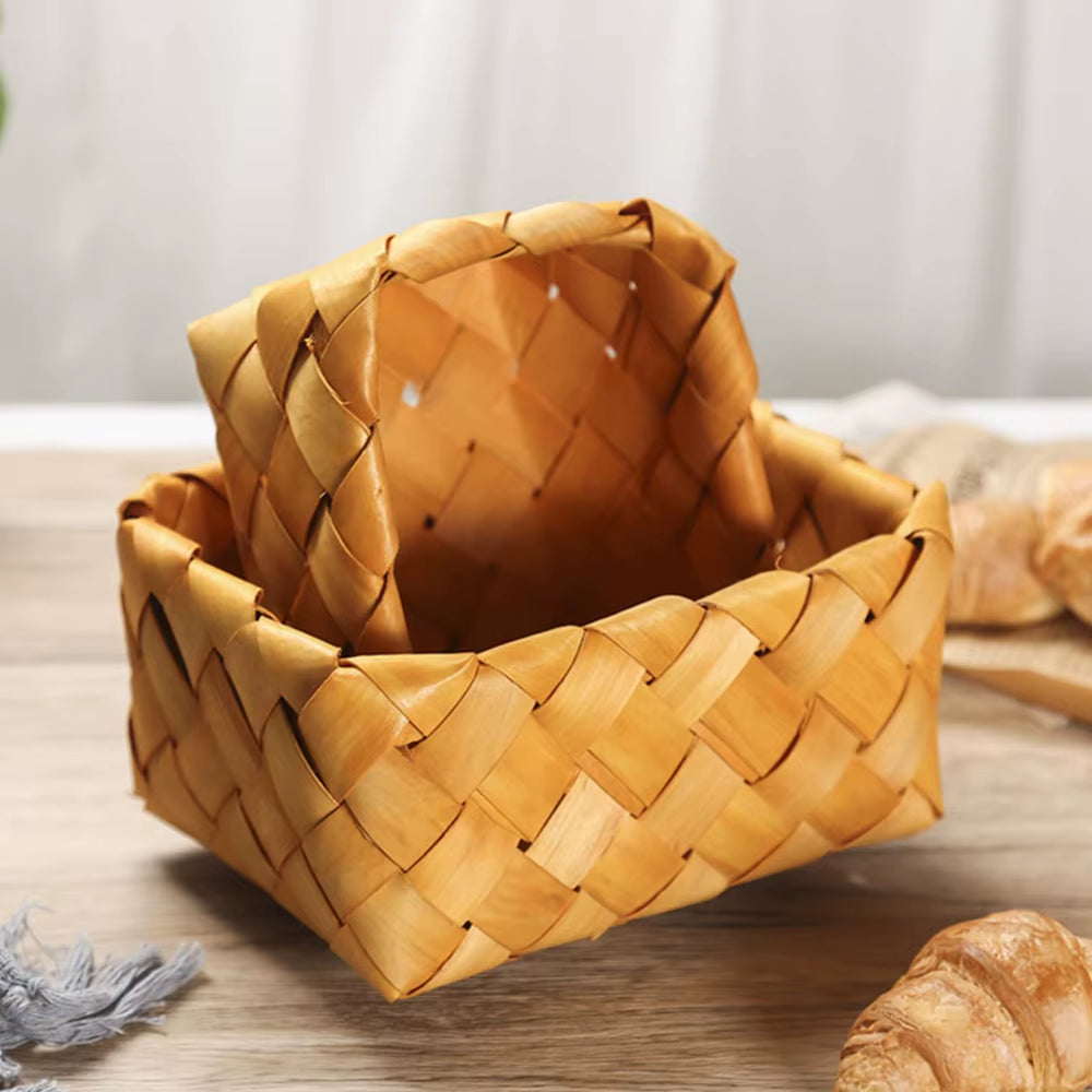 1Pc Bamboo Woven Bread Basket Fruit Vegetables Egg Storage Basketry Snacks Container Picnic Container Kitchen Storage Baskets