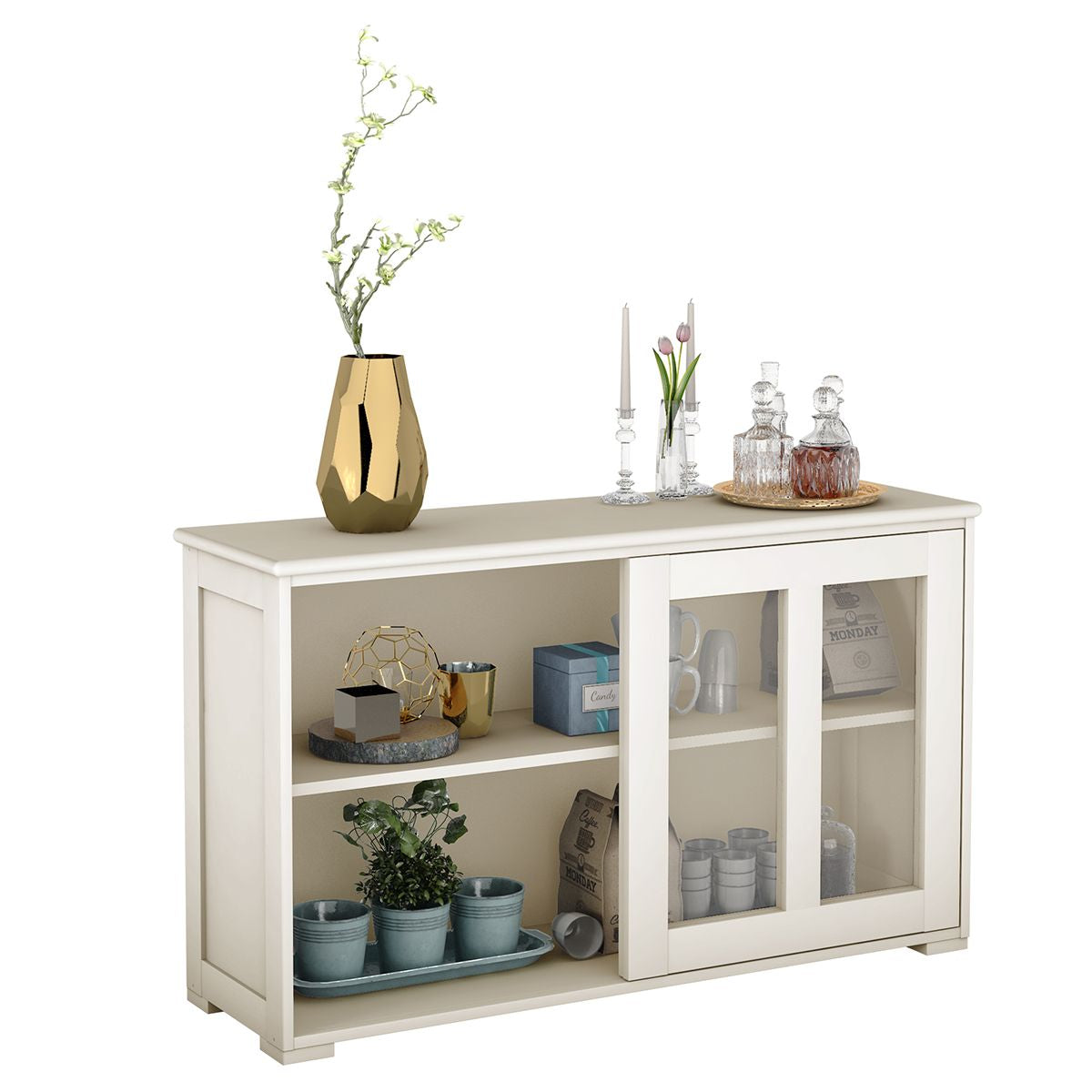 Sideboard Küchenschrank Wohnzimmerregel Mit Schiebetüren Cremeweiß 106,5 X 33 X 62,5 Cm