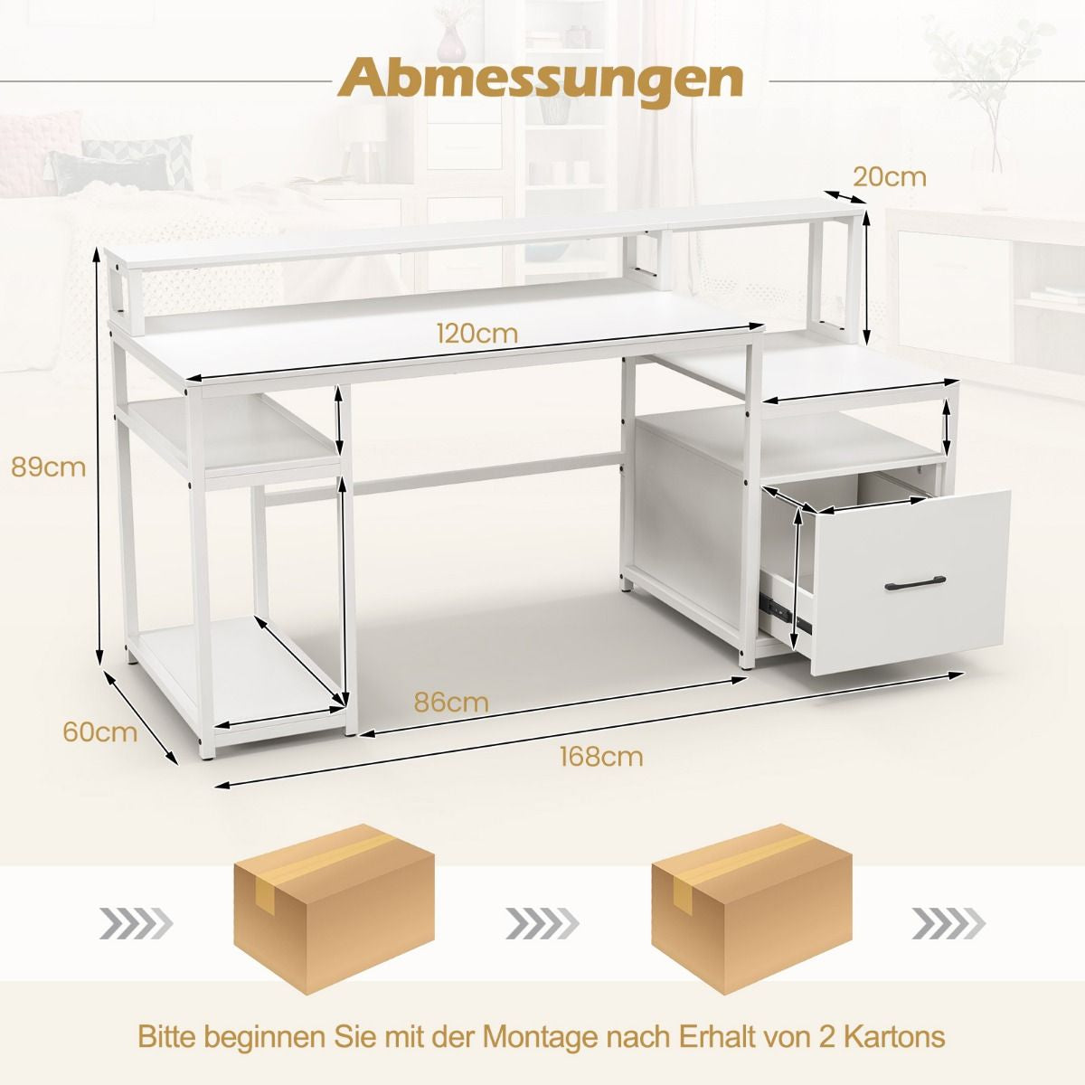 Schreibtisch Mit Monitorständer Druckerständer Cpu-Ständer & Aktenschrank 168 X 69 X 89 Cm Weiß