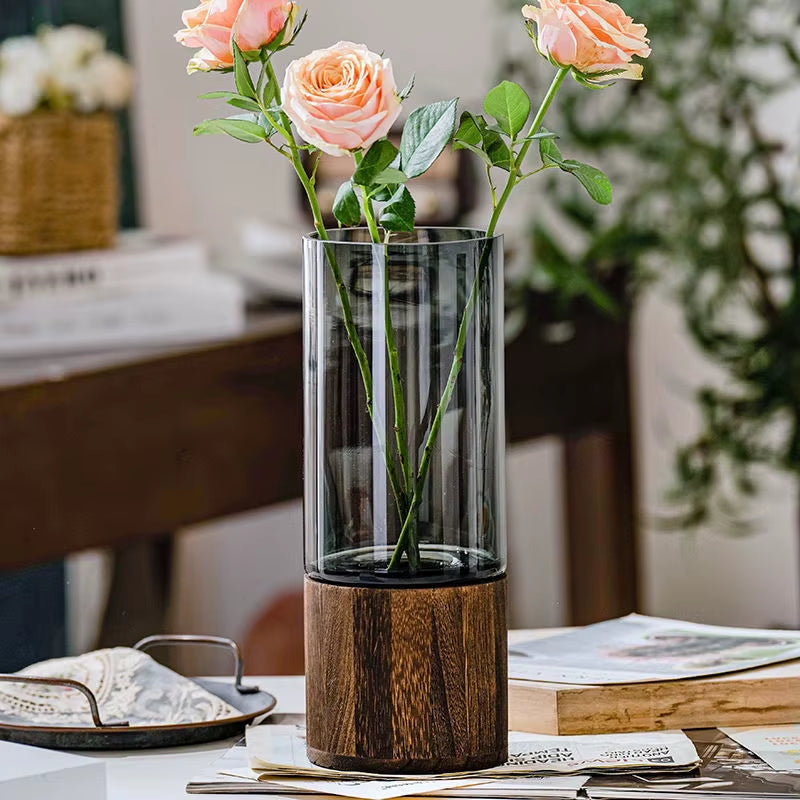 Grey Solid Wood Base Glass Vase Simple Nordic Luxury Wedding Decor Bedside Plants Holder Crafts Home Decoration Living Room Gift