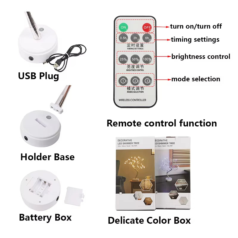 LED Tree Table Night Light USB Battery Operated Table Lamp Christmas Home Fairy Bedroom Indoor Kids Bar Decorati