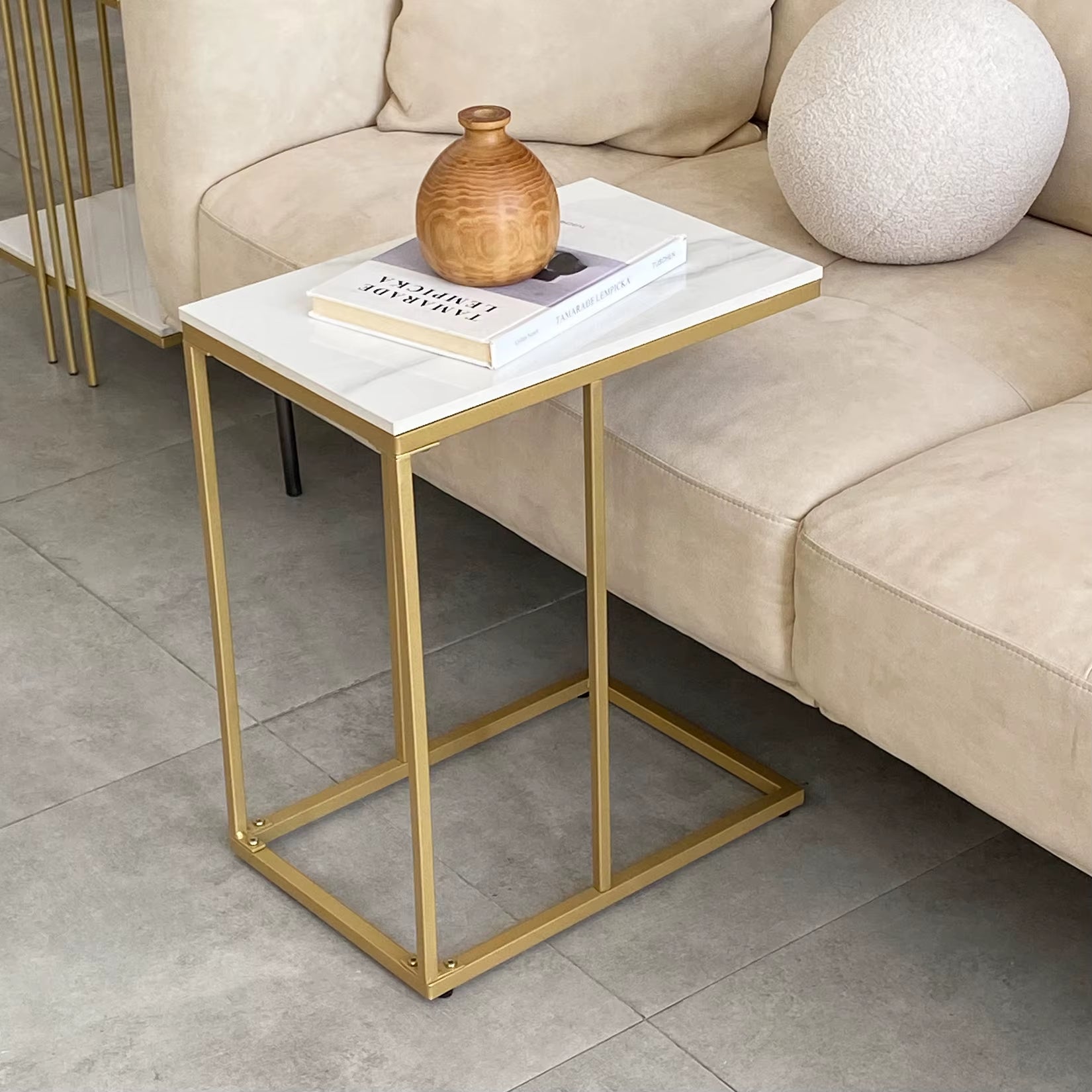 Marble Side End Table C Shaped Couch Laptop Coffee Table Slide under Sofa Bed Indoor Gold Metal Frame