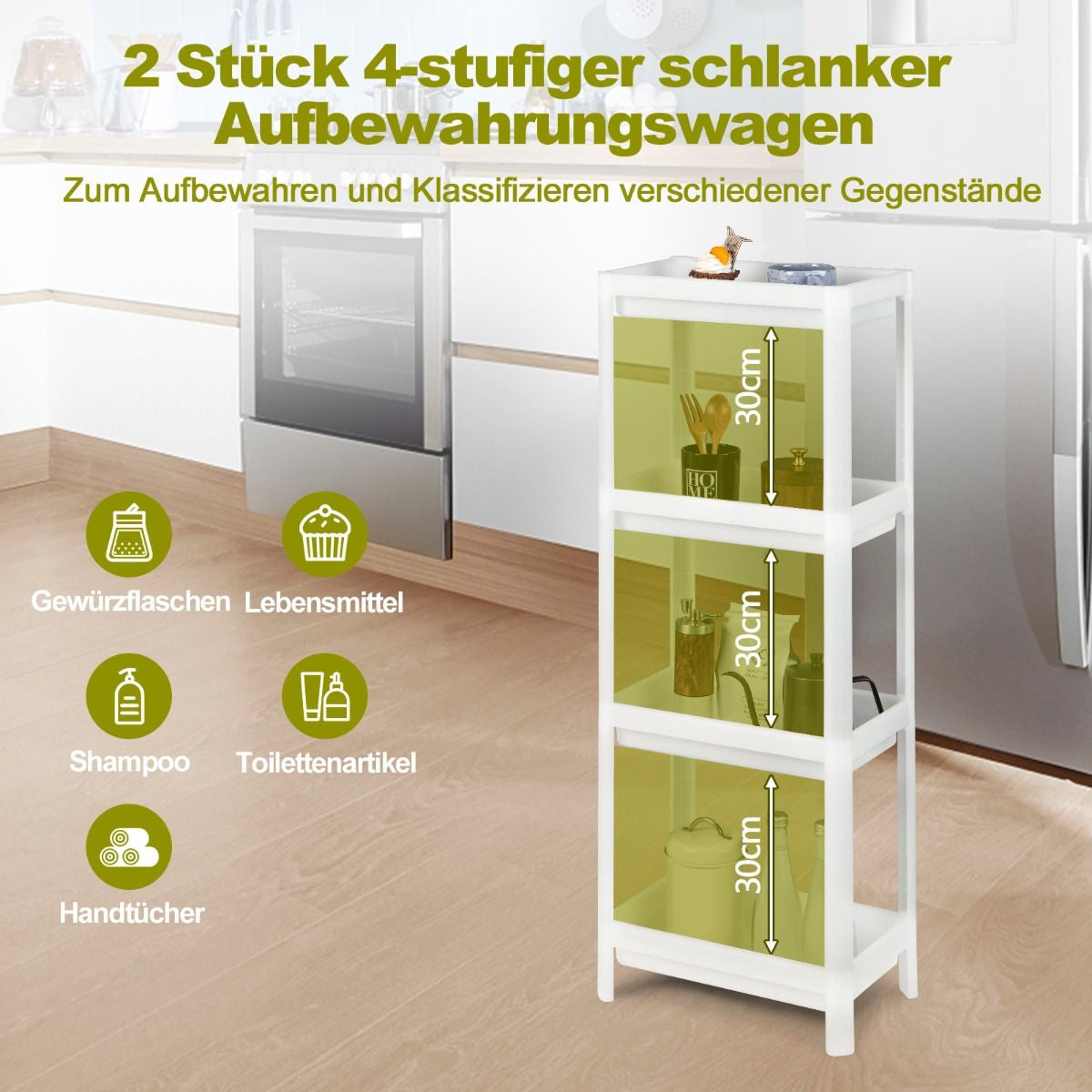 2Er Set Nischenregal Schmal 4-Tier Slim Storage Cart Küchen-Organizer 36 X 23 X 99,5 Cm Weiß