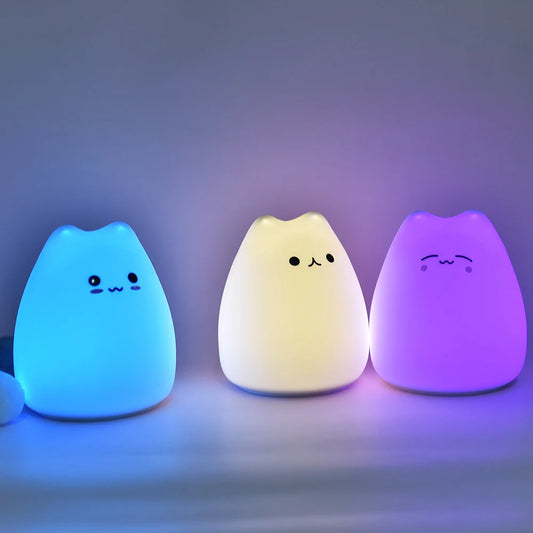 LED Night Light for Children Baby Kids Soft Silicone Touch Sensor 7 Colors Cartoon Cat Sleeping Lamp Home Bedroom Decoration