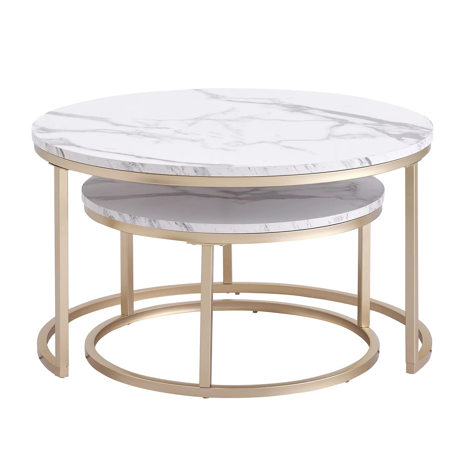 2Pcs Marble Texture Coffee Table for Living Room Sofa Side round Coffee Tea Table 2 in 1 Combination Furniture Golden White