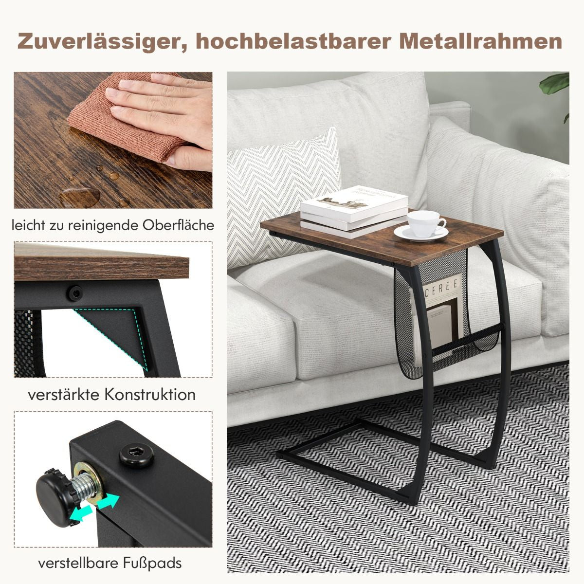 Beistelltisch Mit Seitentasche Industrie-Design Laptoptisch C-Förmiger Sofatisch Kaffeetisch