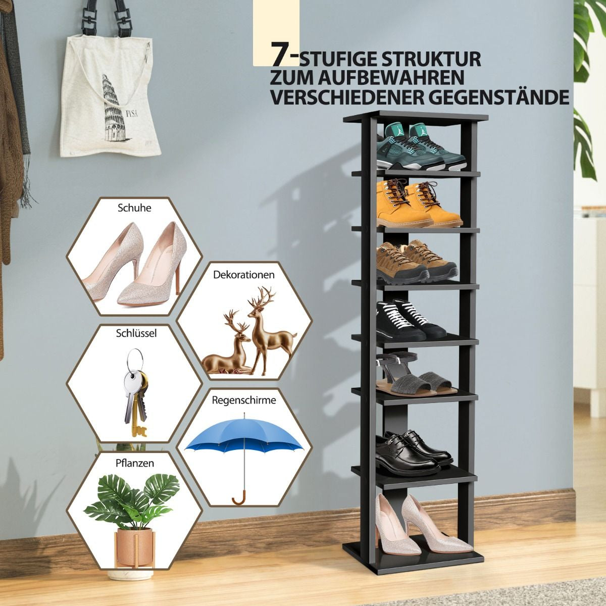 Schuhregal Aus Holz 8-Stöckiges Schuhregal Schuh-Organizer Vertikal 27,5X26,5X110Cm Schwarz