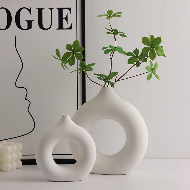 Nordic Ceramic Vase for Pampas Grass Donuts Flower Home Decoration Accessories Office Living Room Interior Table Decor