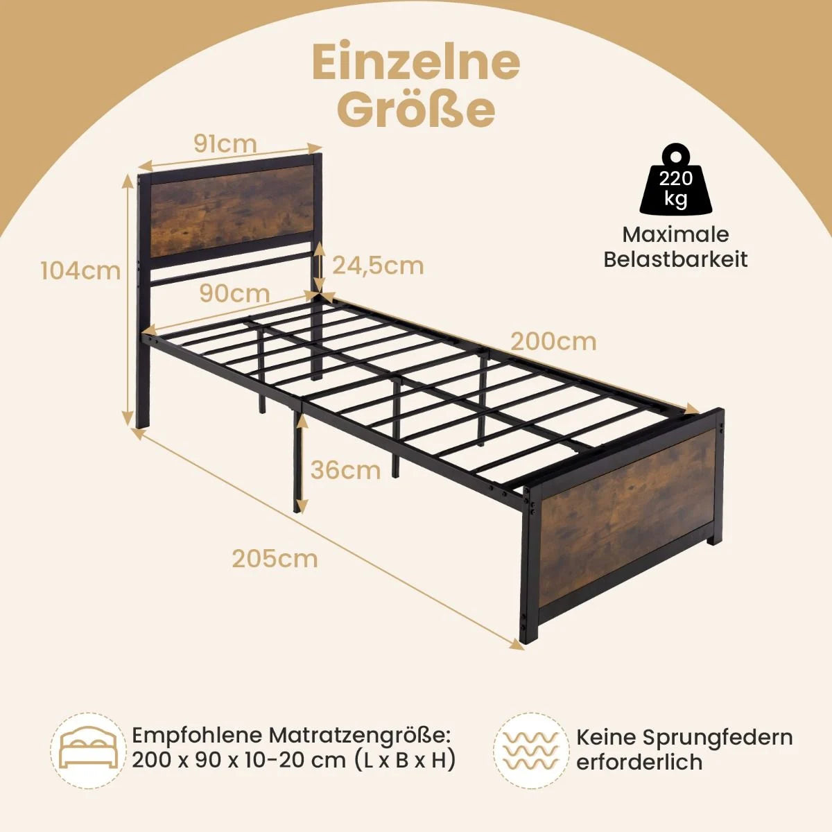 Bettgestell 90 X 200 Cm Industrielles Bettrahmen Mit Kopfteil & Lattenrost