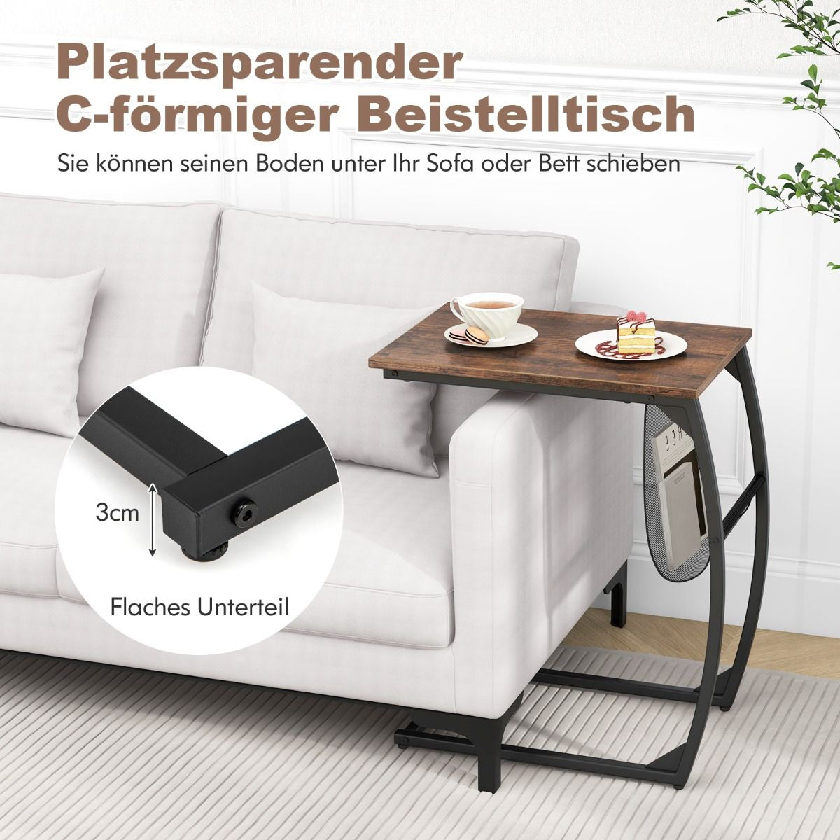 Beistelltisch Mit Seitentasche Industrie-Design Laptoptisch C-Förmiger Sofatisch Kaffeetisch