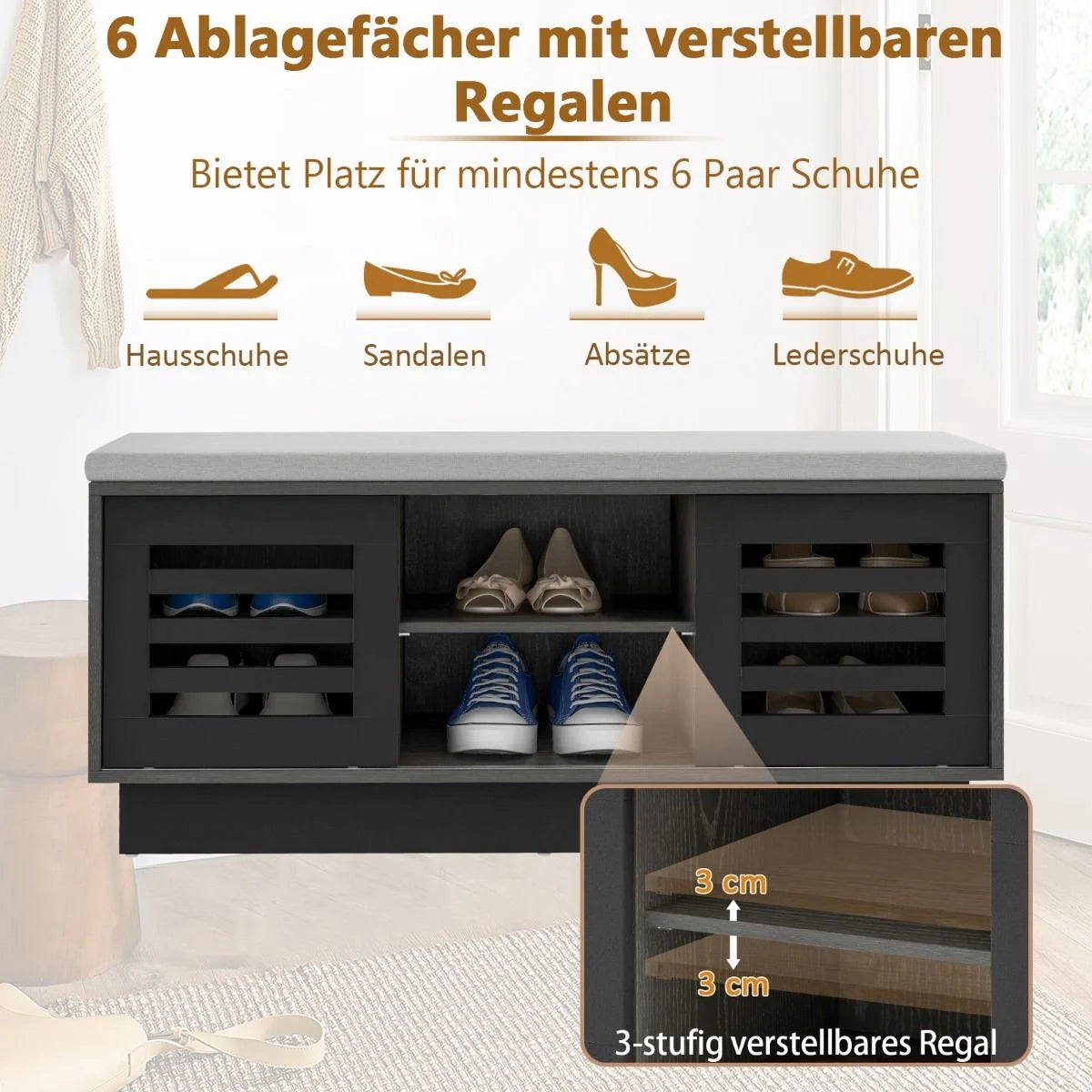 2 in 1 Sitzbank & Schuhregal Mit 6 Fächer & 3 Verstellbaren Ablagen 99,5 X 34,5 X 46 Cm Grau