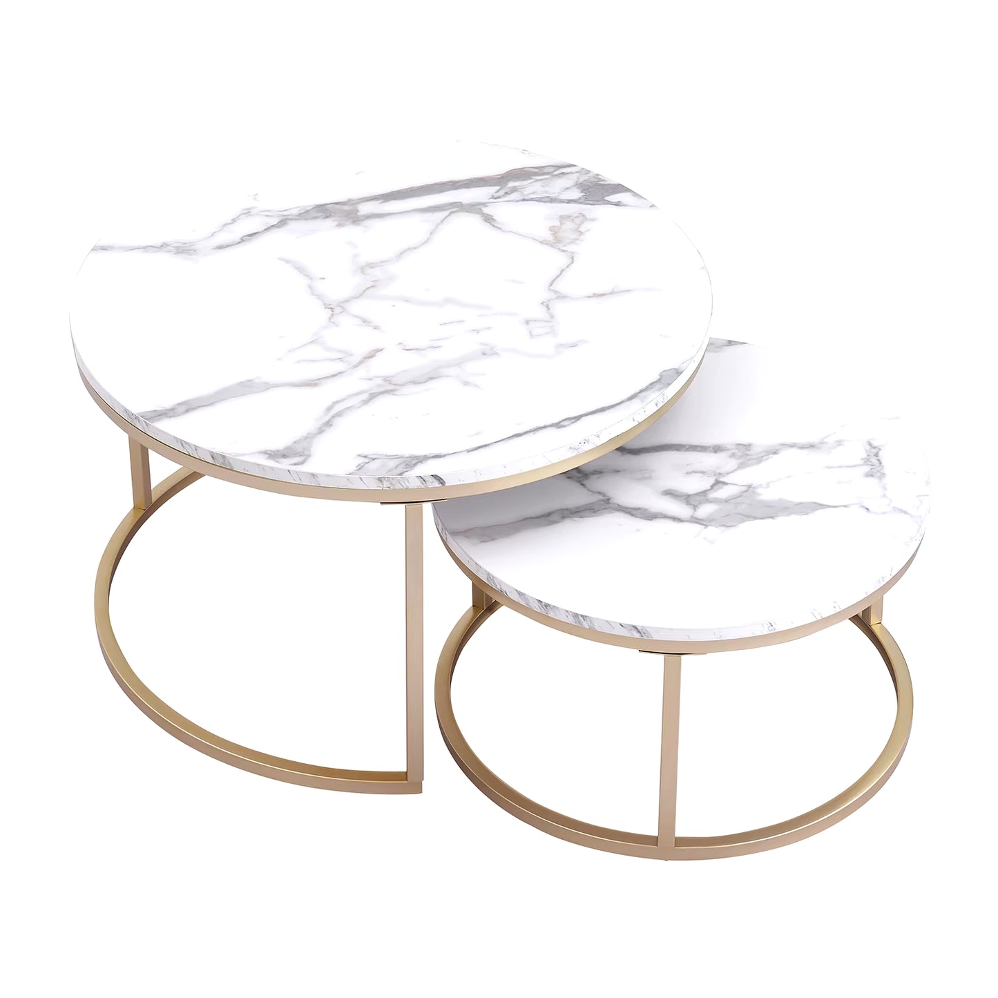 2Pcs Marble Texture Coffee Table for Living Room Sofa Side round Coffee Tea Table 2 in 1 Combination Furniture Golden White