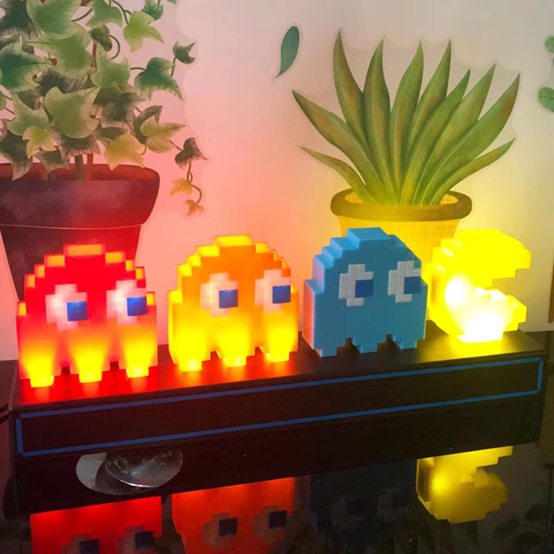 Pac Man LED Night Lights Figure Colorful Control Pixel Game 3D Icon Lamp USB Charging Anime Atmosphere Desk Lamp Statue Ornament