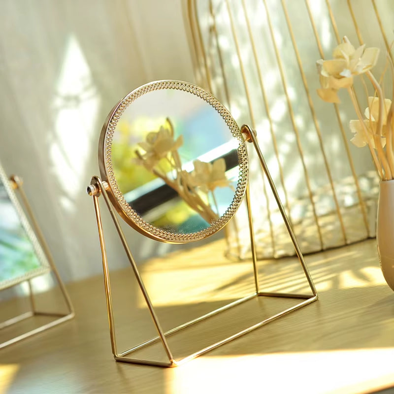 Retro Light Luxury European Metal Gold Makeup Mirror Home Desktop Home Square round Decorative Mirrors WF