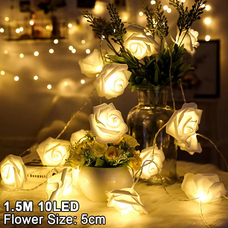 1.5M 10LED Artificial Rose Flower Garland String Light LED Fairy Lights Valentine'S Day Wedding Christmas Party Decorations