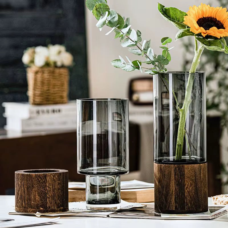 Grey Solid Wood Base Glass Vase Simple Nordic Luxury Wedding Decor Bedside Plants Holder Crafts Home Decoration Living Room Gift