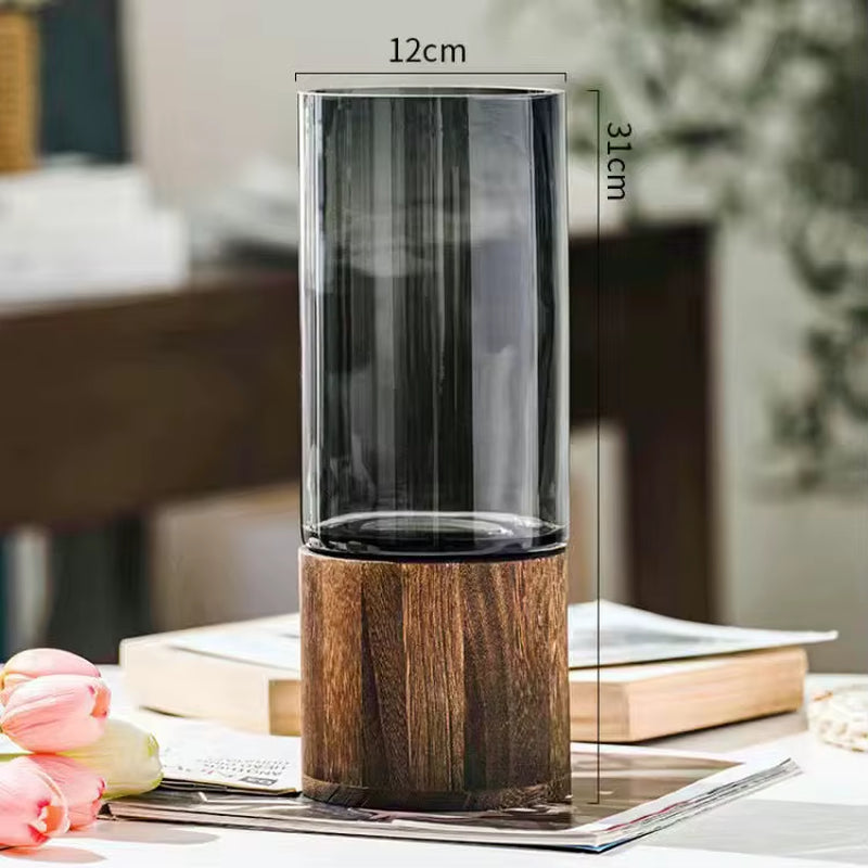 Grey Solid Wood Base Glass Vase Simple Nordic Luxury Wedding Decor Bedside Plants Holder Crafts Home Decoration Living Room Gift