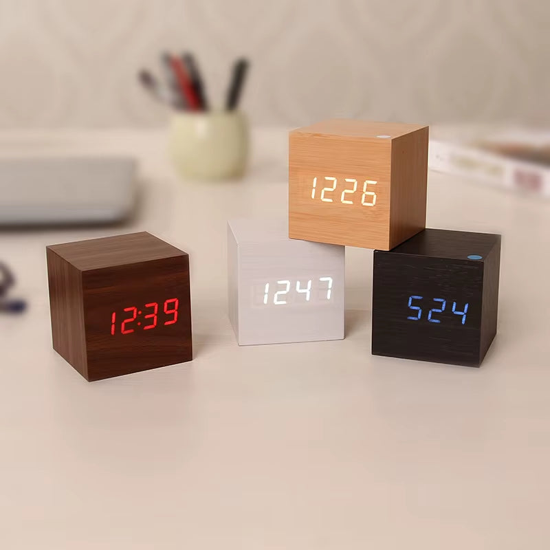 New Arrival Wooden LED Alarm Clocks Temperature Electronic Clock Sounds Control Digital LED Display Desktop Calendar Table Clock