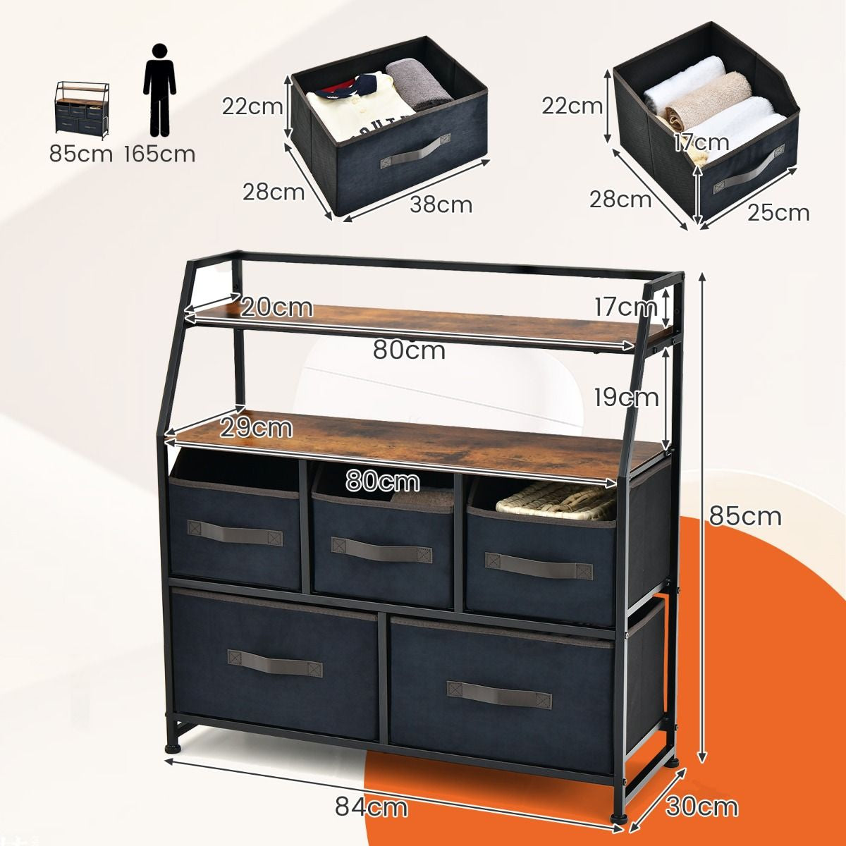 5 Schubladen Sideboard Mit Stoffschubladen Stoffkommode Mit Ablage & Kippsicherung 84 X 30 X 85 Cm