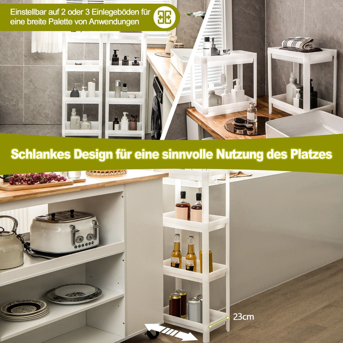 2Er Set Nischenregal Schmal 4-Tier Slim Storage Cart Küchen-Organizer 36 X 23 X 99,5 Cm Weiß