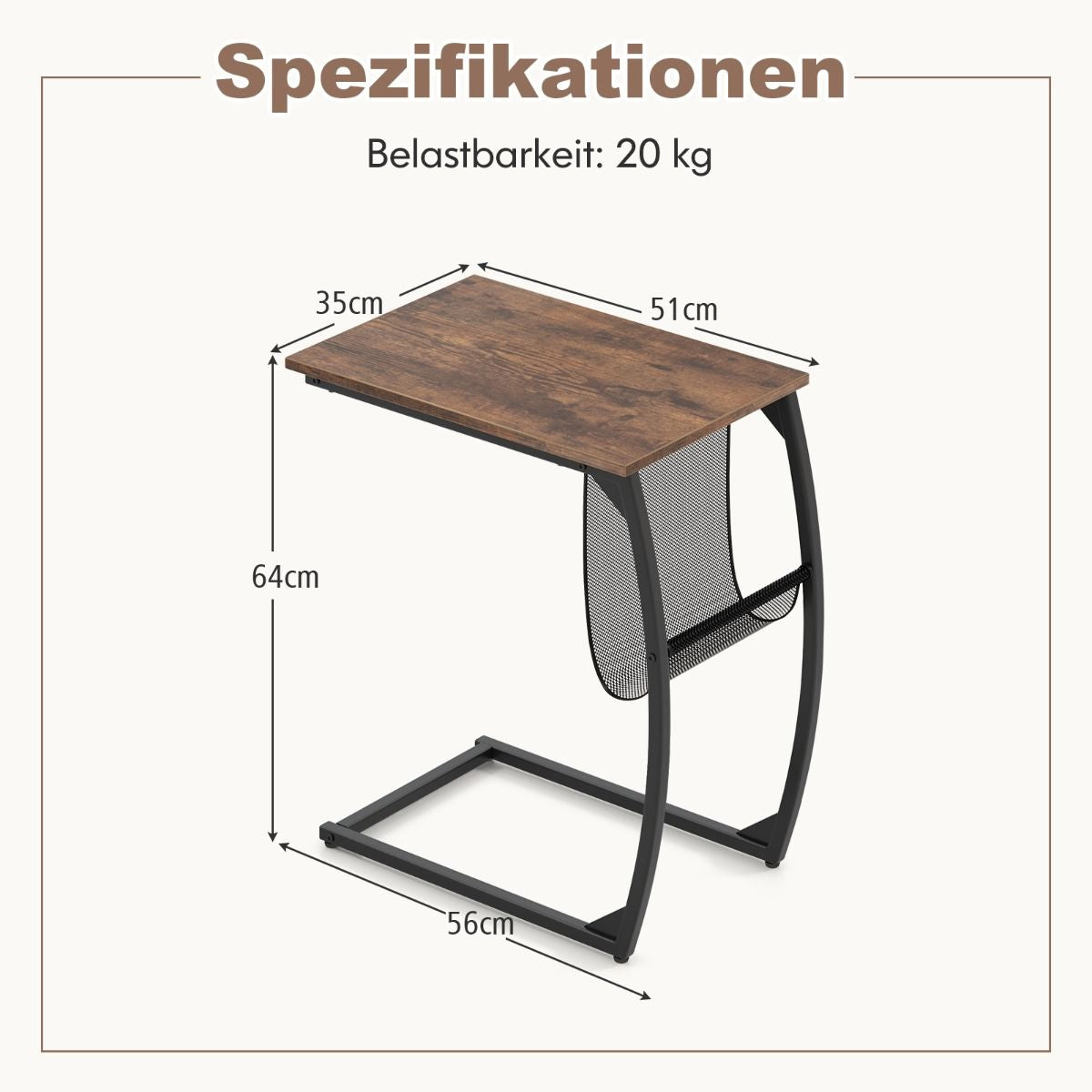 Beistelltisch Mit Seitentasche Industrie-Design Laptoptisch C-Förmiger Sofatisch Kaffeetisch