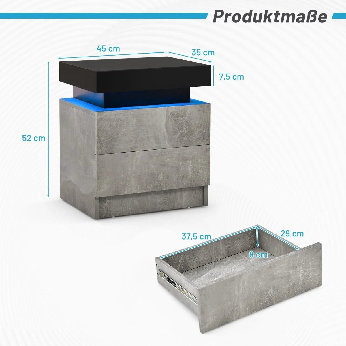 Nachttisch Mit Led-Leuchten & 2 Schubladen & Fernbedienung Nachtschrank 45 X 35 X 52Cm Grau
