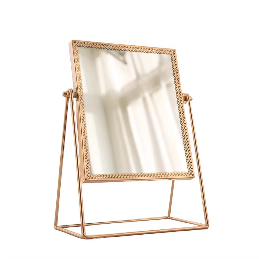 Retro Light Luxury European Metal Gold Makeup Mirror Home Desktop Home Square round Decorative Mirrors WF