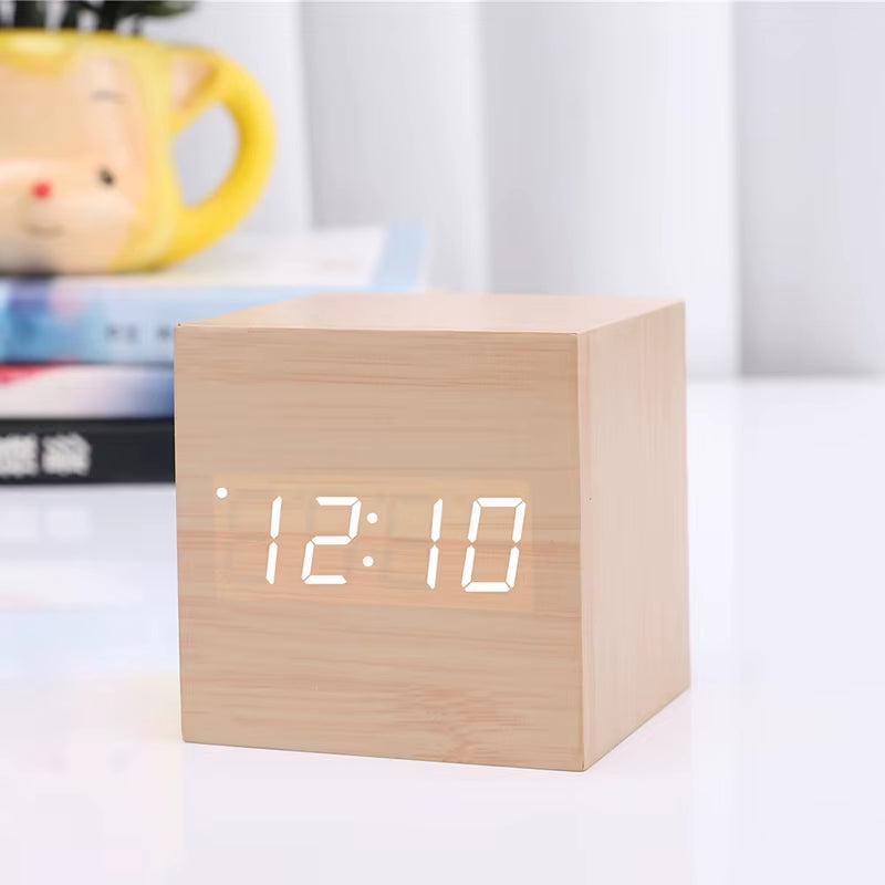 New Arrival Wooden LED Alarm Clocks Temperature Electronic Clock Sounds Control Digital LED Display Desktop Calendar Table Clock