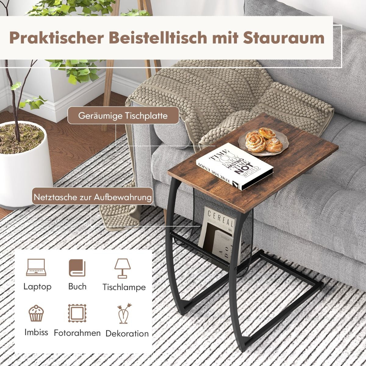 Beistelltisch Mit Seitentasche Industrie-Design Laptoptisch C-Förmiger Sofatisch Kaffeetisch