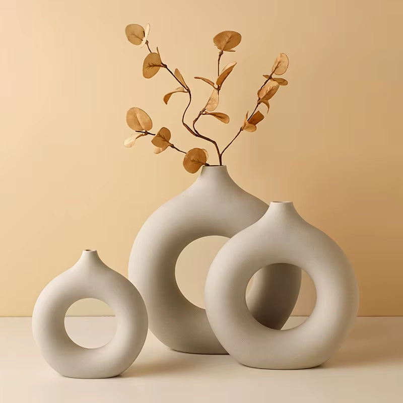 Nordic Ceramic Vase for Pampas Grass Donuts Flower Home Decoration Accessories Office Living Room Interior Table Decor