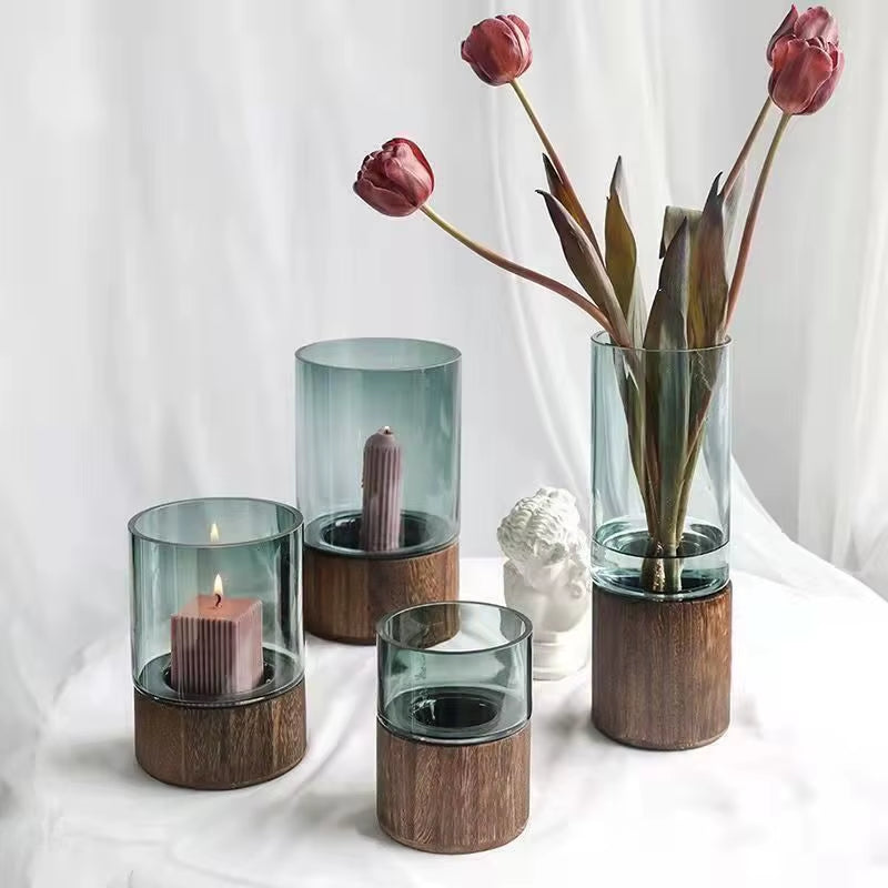 Grey Solid Wood Base Glass Vase Simple Nordic Luxury Wedding Decor Bedside Plants Holder Crafts Home Decoration Living Room Gift