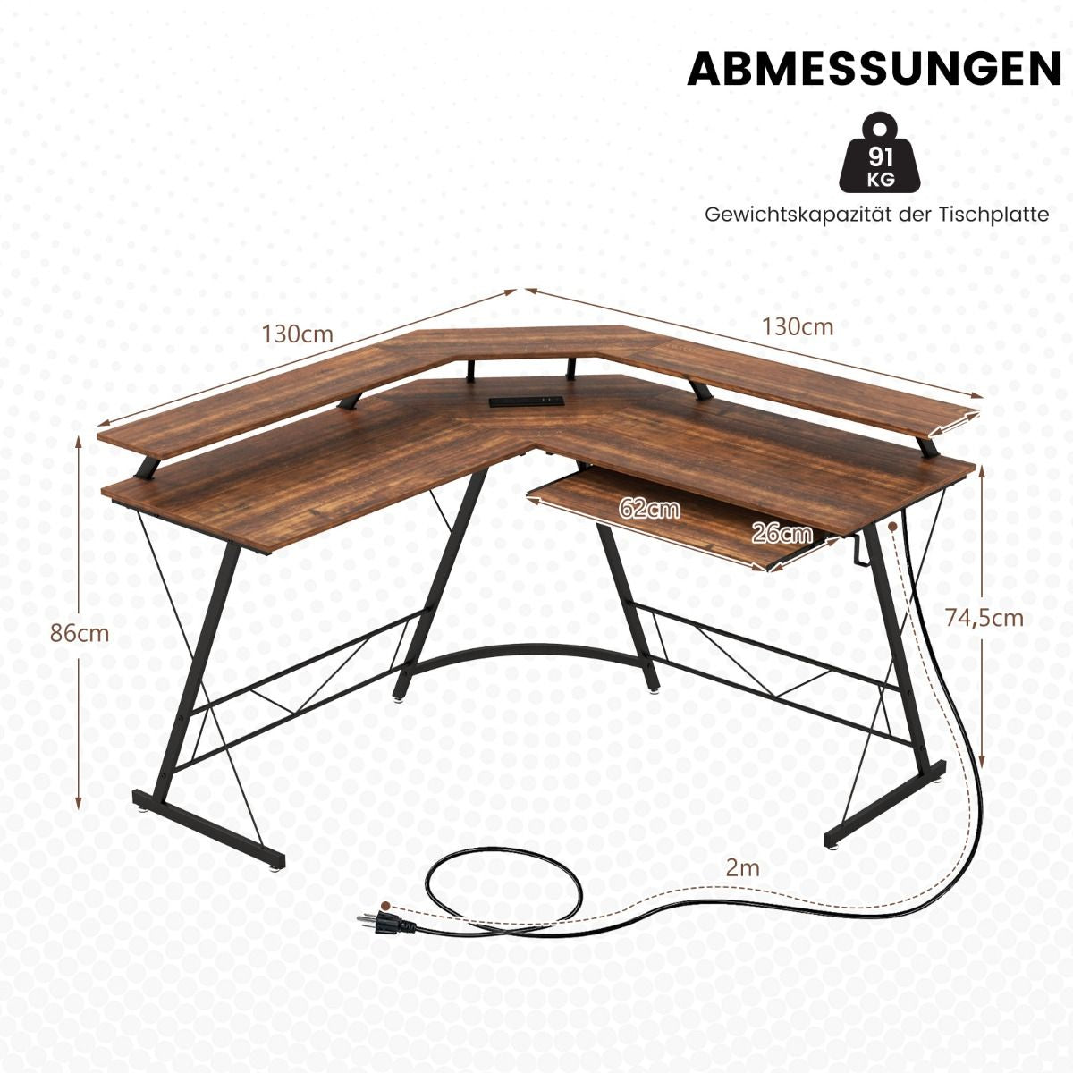 Eckschreibtisch Mit Steckdose & Usb-Ladeanschluss & Monitorständer Rustikales Braun